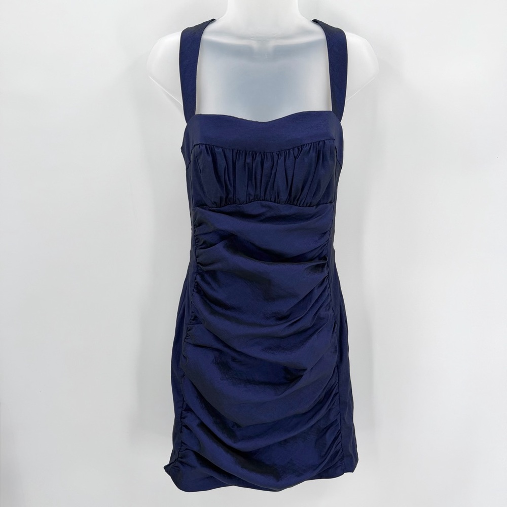 CACHE Dress Womens 10 Ruched Cutout Strappy Blue-Purple Semiformal Cocktail VTG